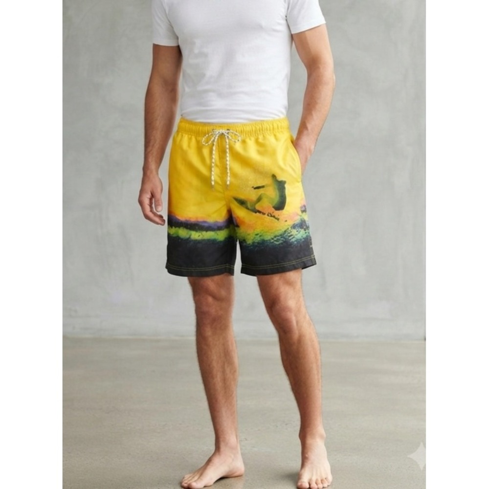 Old Navy Surf Graphic Yellow Retro Y2K Beach Swim Trunks Small